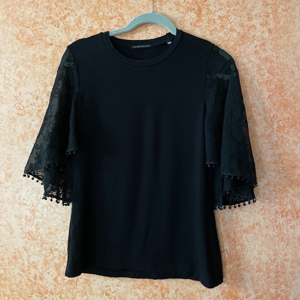 🍁SALE🍁ELIE TAHARI Black Blouse Lace Sleeves size Small